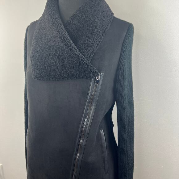 BlankNYC Black Knit Shawl Collar Faux Suede Asymmetric Swewater Jacket M Medium - Picture 5 of 9